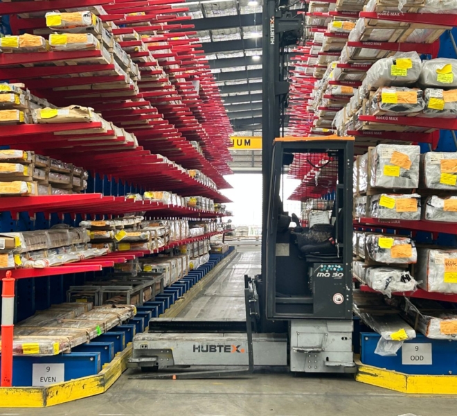Macrack Cantilever Racking Side Loader Running Down Aisle